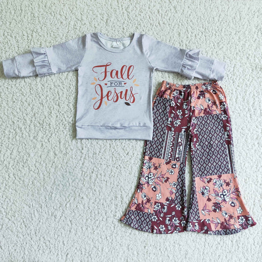 Promotion Baby Girl Long Sleeves Jesus Grey Shirt Flower Pants