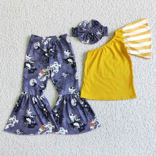 Promotion Halloween Baby Girl One shoulder Yellow Tops Pants Set