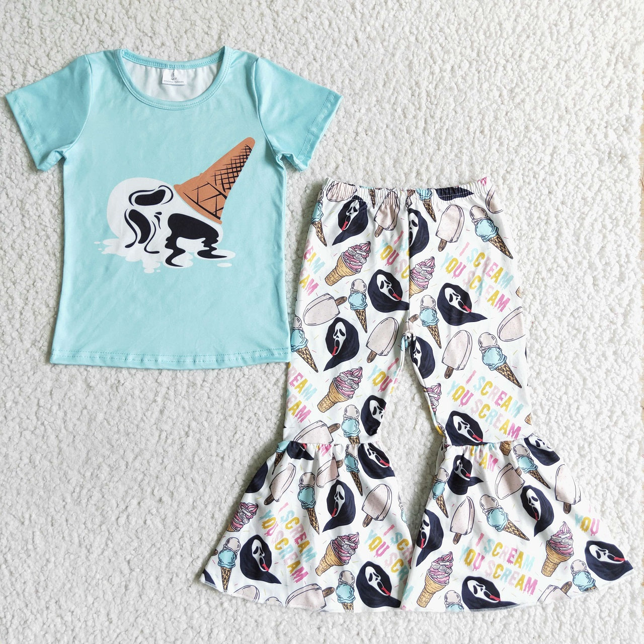 Promotion Halloween Baby Girl Blue Scream Shirt Pants Set