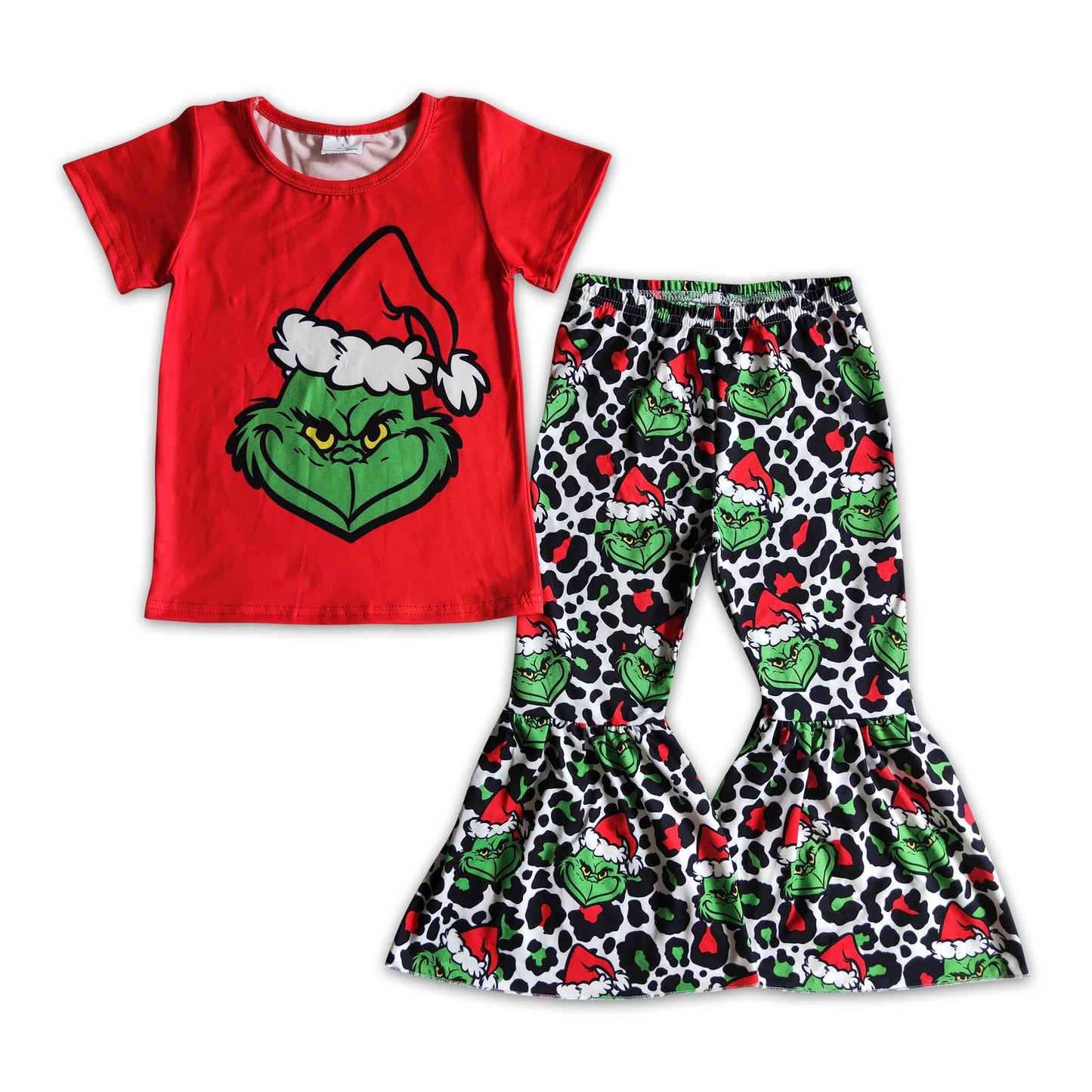 Promotion Baby Girl Kids Red Shirt Green Face  Leopard Pants Christmas Outfit RTS