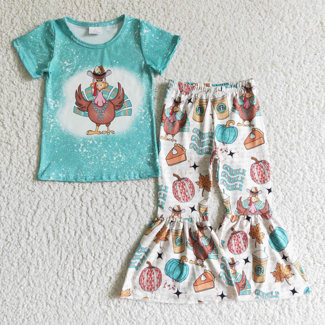 Promotion Baby Girl Short Sleeves turkey Shirt Pumpkin Pants Fall Outfit