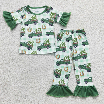 Promotion Baby Boy Short Sleeves Car Green Pants St Patrick Day Sibling Pajamas Set