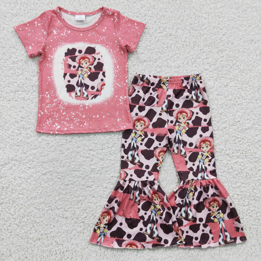 Promotion Baby Girl Western Cartoon Short Sleeves Shirt Bell Pants Outfit RTS