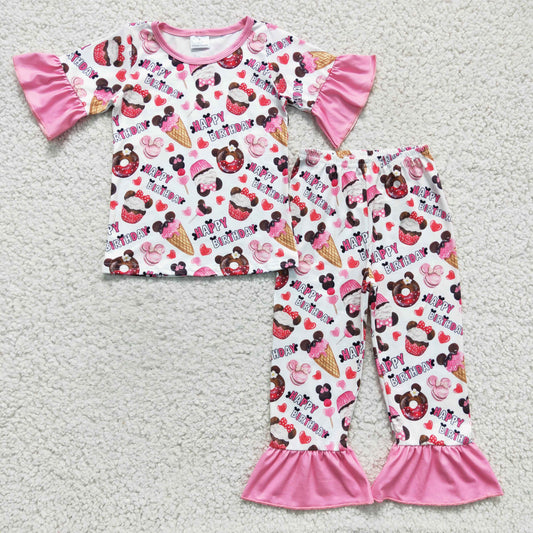 Promotion Baby Girl Short Sleeves Birthday Cakes Pants Pajamas Outfit RTS