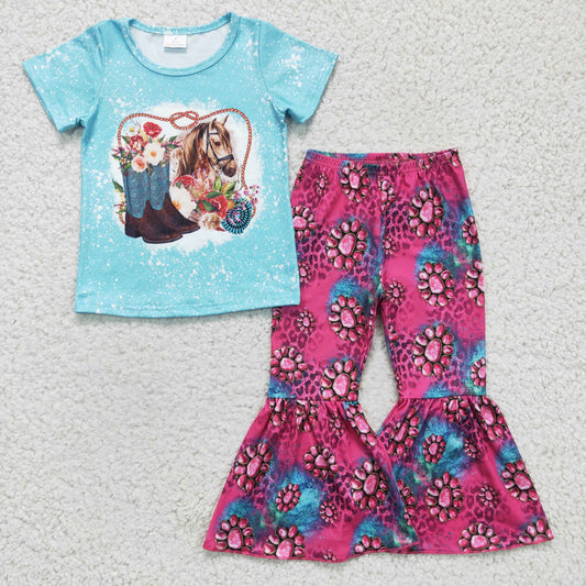 Promotion Baby Girl Short Sleeves Western Horse Boots Shirt Bell Pants Set