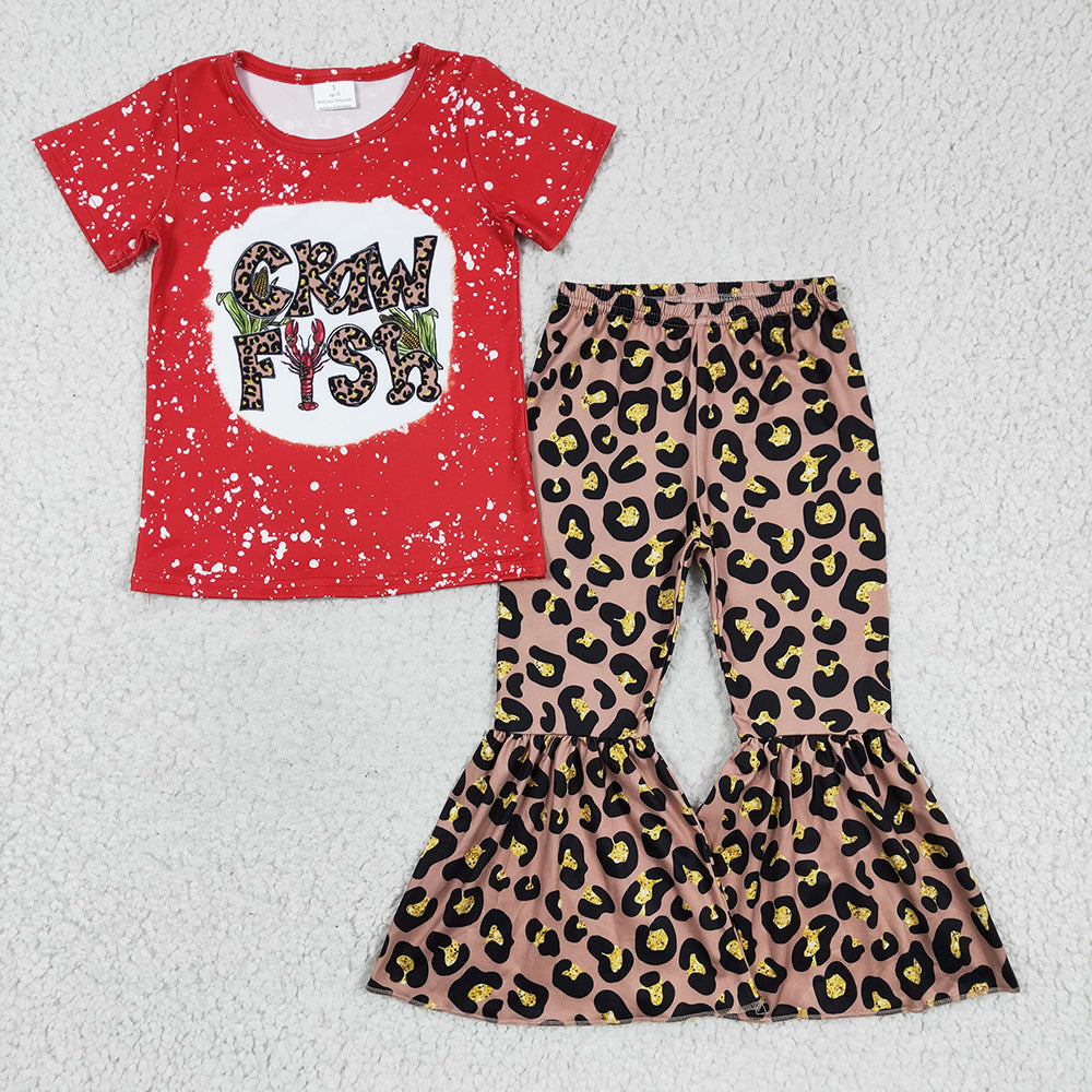 Baby Girl Short Sleeves Crawfish Leopard Sibling Romper Clothes Set