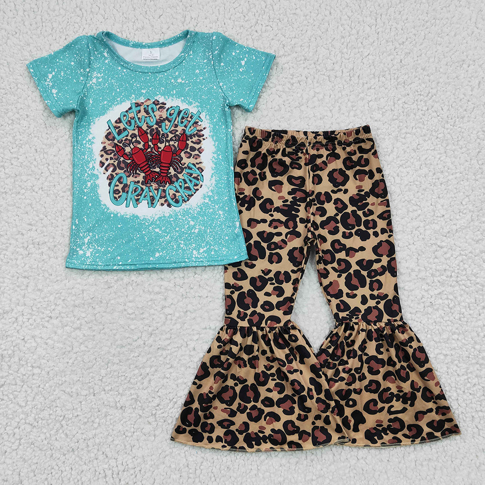 Baby Girl Short Sleeves Crawfish Leopard Sibling Romper Clothes Set