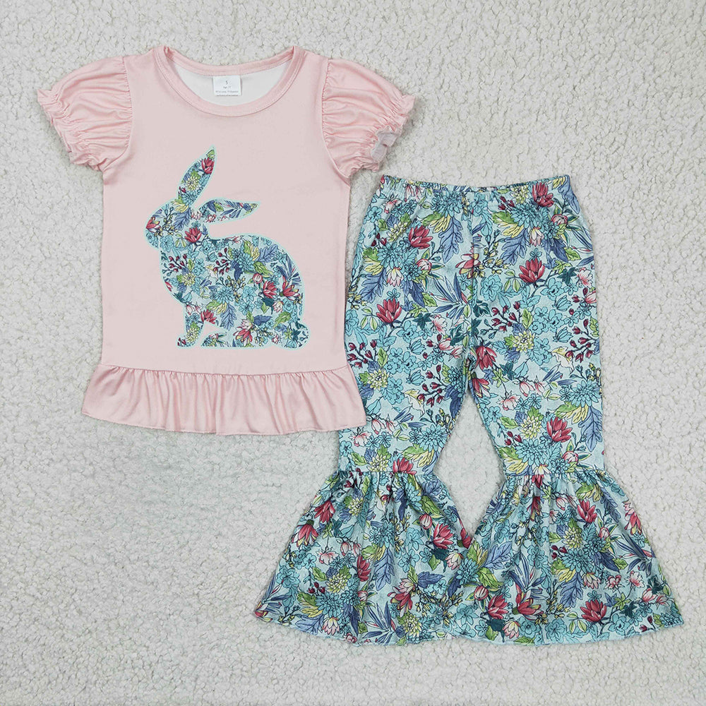 Baby Girl Easter Rabbits Flower Sibling Romper Jumpsuit Set