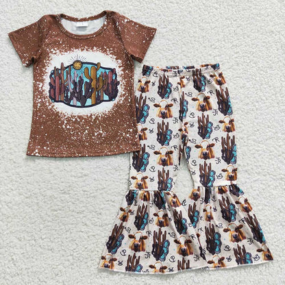 Baby Girl Short Sleeves Western Cactus Cow Shirt Bell Pants Sibling Outfit Clothes RTS