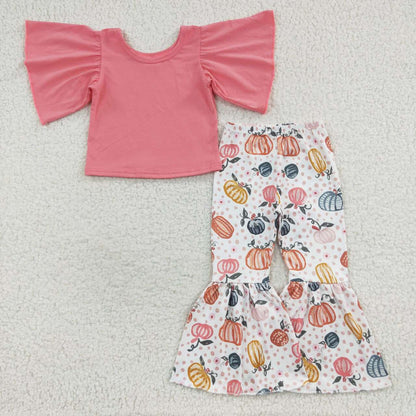 Sibling Baby Girls Kids Pumpkins Flower Tops Pants Fall Clothes Sets RTS