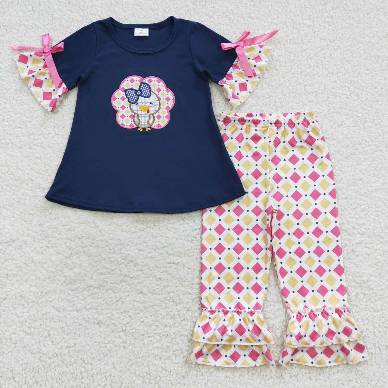 Sibling Baby Boys Girls Short Sleeves Embroidery turkey Shirts Pants Thanksgiving Clothes Sets RTS
