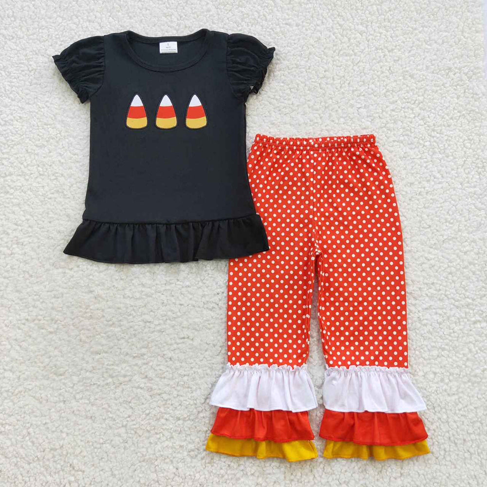 Baby Girl Short Sleeves Embroidery Halloween Candy Sibling Romper Pajamas Outfit RTS