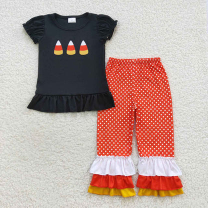 Baby Girl Short Sleeves Embroidery Halloween Candy Sibling Romper Pajamas Outfit RTS