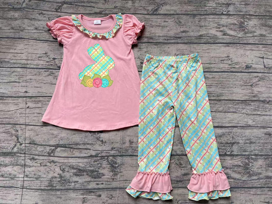 Preorder Baby Girl Embroidery Easter Rabbit Flower Tunic Ruffle Checked Pants Set（ No moq )