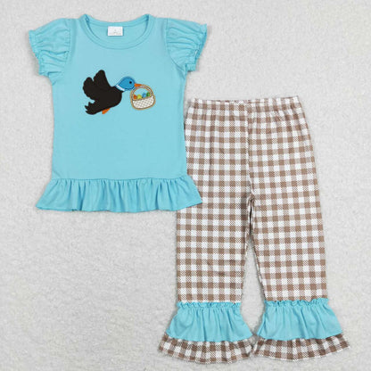Sibling Baby Boys Girls Short Sleeves Embroidery Ducks Eggs Shirt Plaid Pants Easter Sets RTS