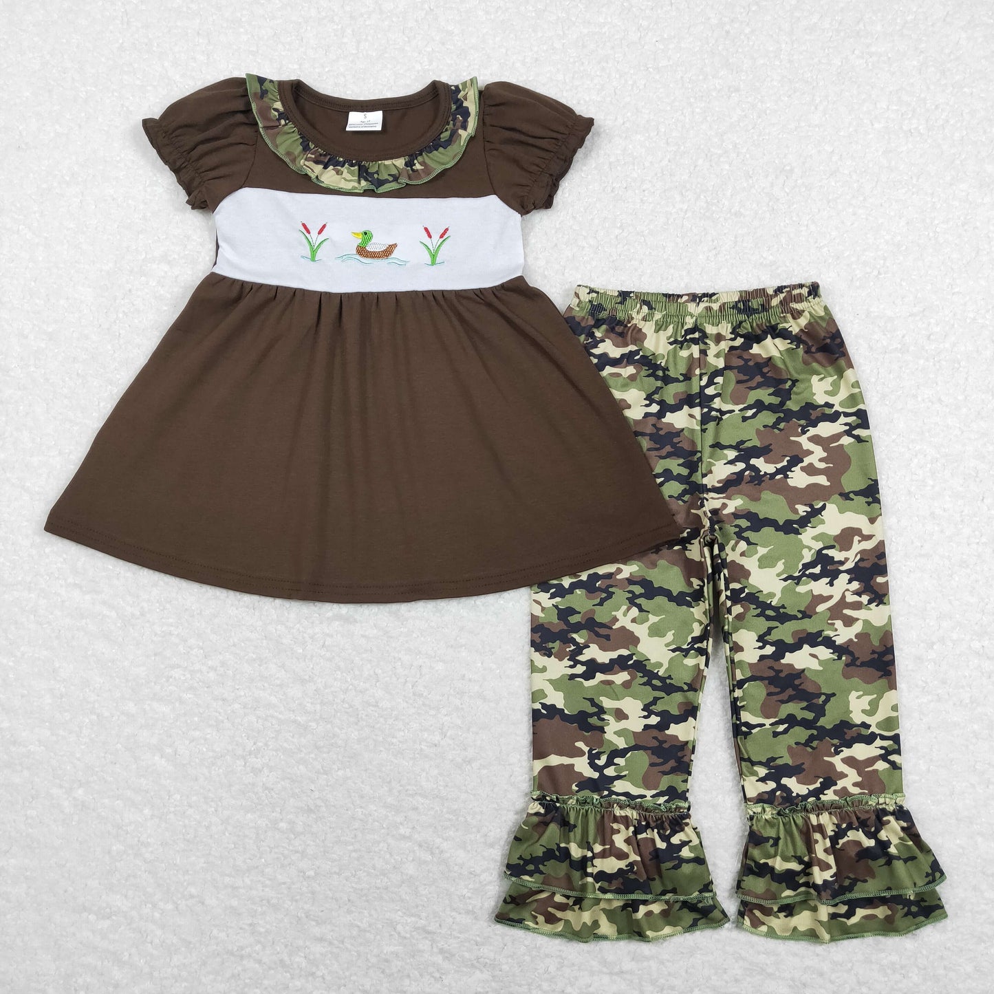 Sibling Baby Girls Short Sleeves Embroidery Ducks Camo Romper Set Clothes RTS