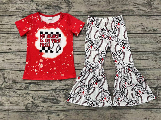 Pre-order Baby Girl Red Shirt Baseball Floral Bell Pants Set