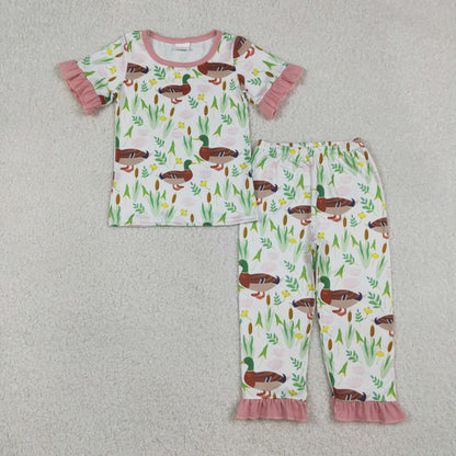 Sibling Baby Girls Kids Short Sleeves Ducks Flower Tops Shorts Pants Sets RTS