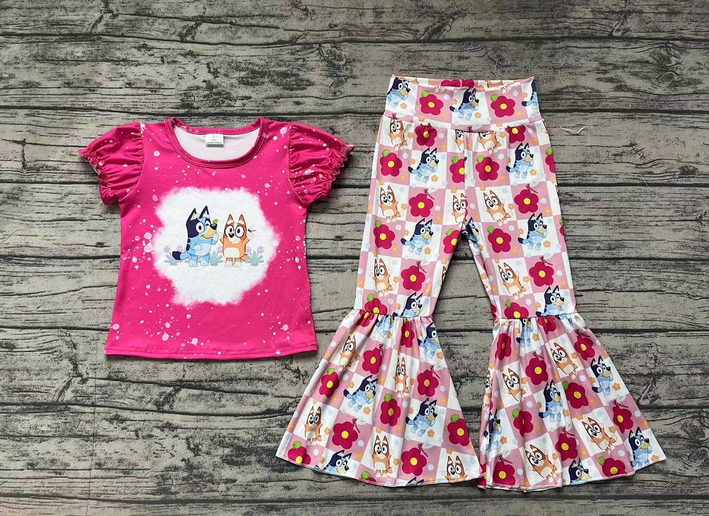 Pre-order Baby Girl Pink Short Sleeves Shirt Dogs Floral Bell Pants Set