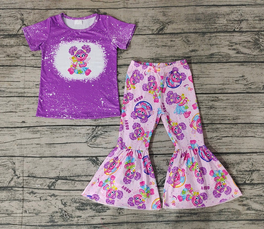 No moq Pre-order Baby Girl Purple Short Sleeves Shirt Bell Pants Cartoon Set