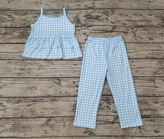 No moq Pre-order Baby Girl Sleeveless Blue Plaid Tops Pants Set