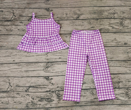 No moq Pre-order Baby Girl Purple Sleeveless Plaid Tops Pants Set