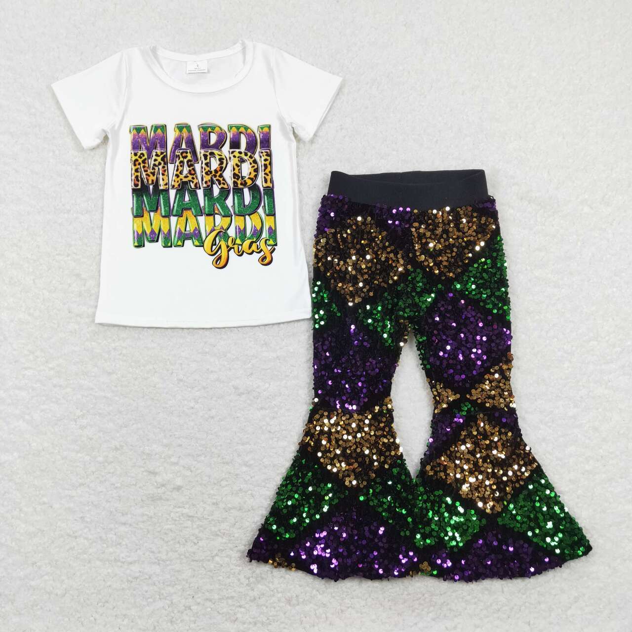 Sibling Baby Girls Short Sleeves Shirts Plaid Sequins Bell Pants Sets Mardi Gras Clothes RTS