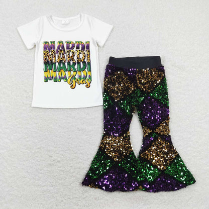 Sibling Baby Girls Short Sleeves Shirts Plaid Sequins Bell Pants Sets Mardi Gras Clothes RTS