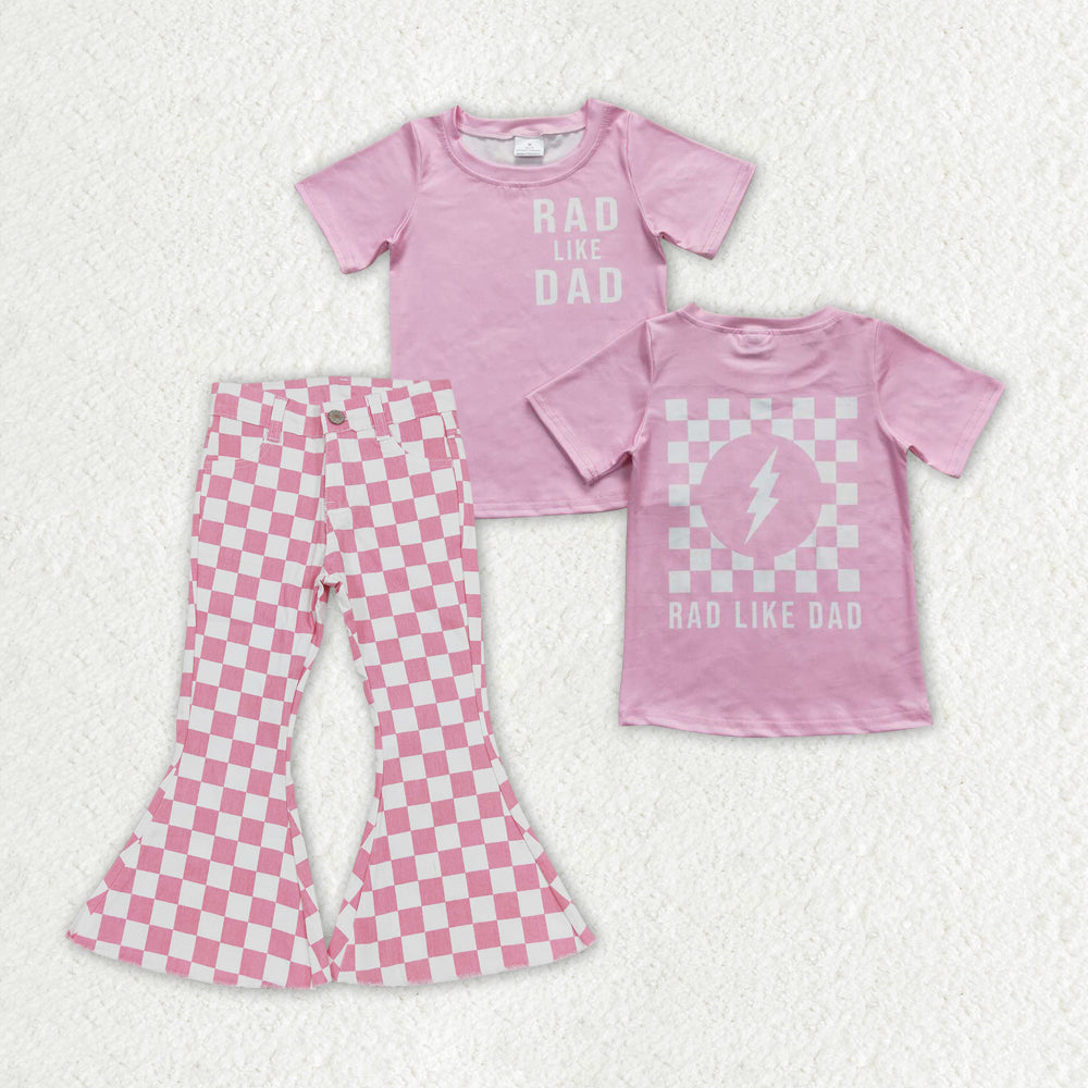 Sibling Baby Girls Short Sleeves Shirts Checked Denim Bell Bottoms Pants Clothes Sets RTS