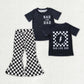 Sibling Baby Girls Short Sleeves Shirts Checked Denim Bell Bottoms Pants Clothes Sets RTS
