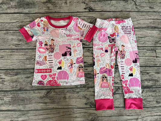 No moq Pre-order Baby Girl Short Sleeves Singer Shirt Pants Pink Pajamas Set