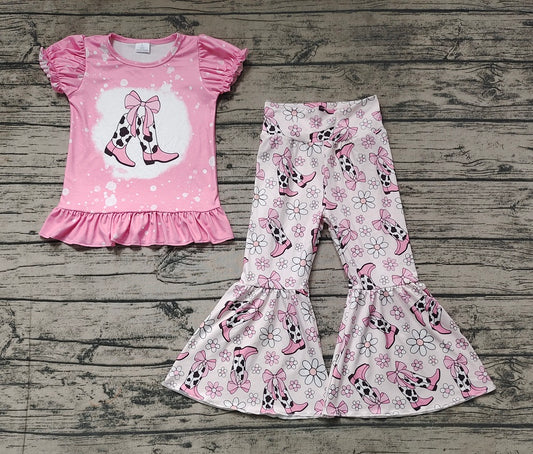 No moq Pre-order Baby Girl Pink Short Sleeves Shirt Boots Floral Bell Pants Western Set