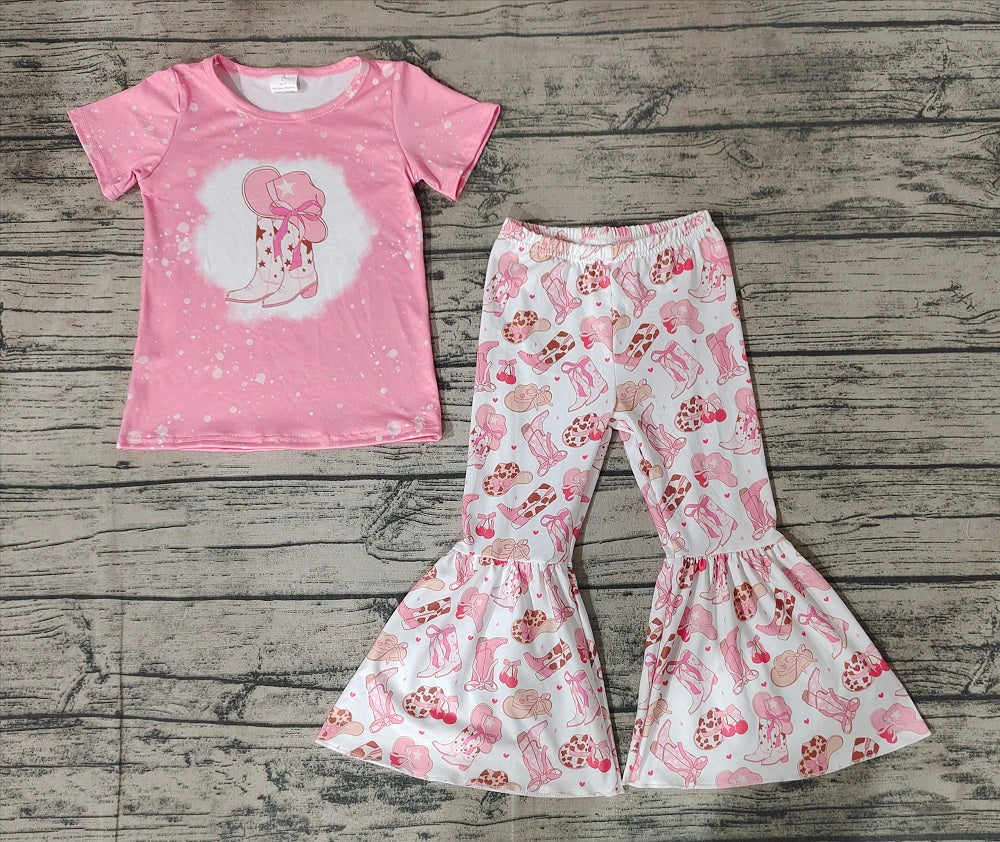 No moq Pre-order Baby Girl Short Sleeves Shirt Hats Boots Bell Pants Western Set