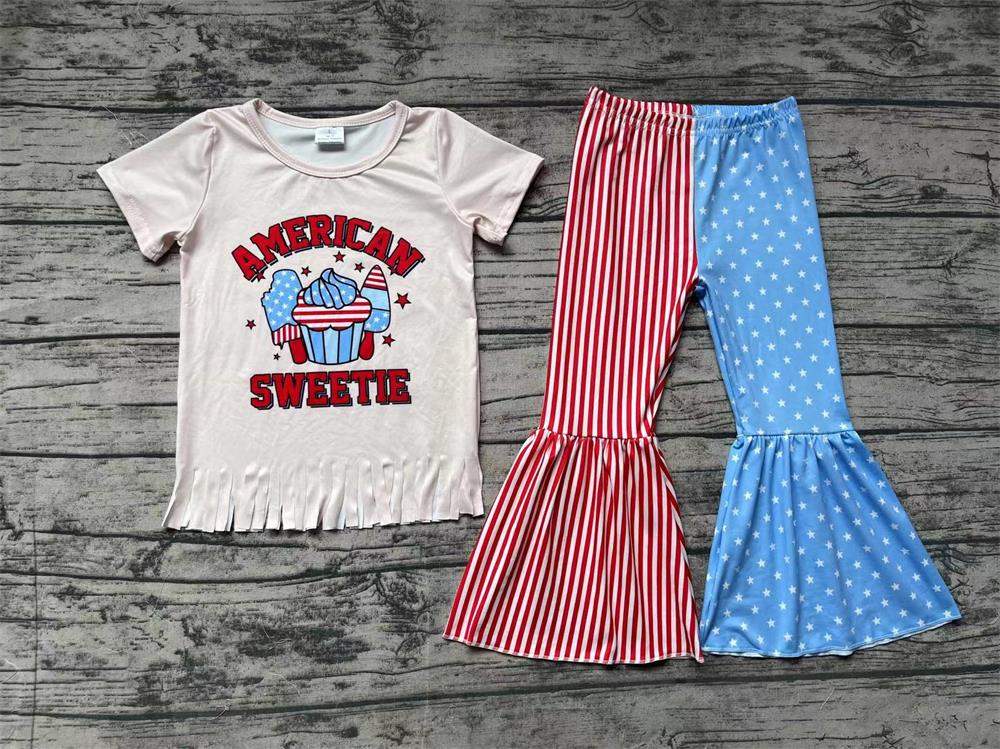 Pre-order Baby Girl Short Sleeves Shirt Stars Stripes Pants July 4th Set