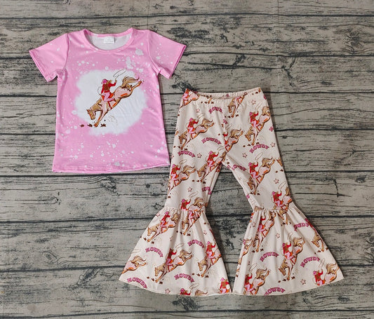 Pre-order Baby Girl Short Sleeves Pink Shirt Rodeo Bell Pants Set