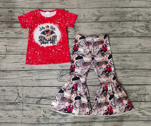 No moq Pre-order Baby Girl Red Short Sleeves Shirt Bell Pants Singer Set