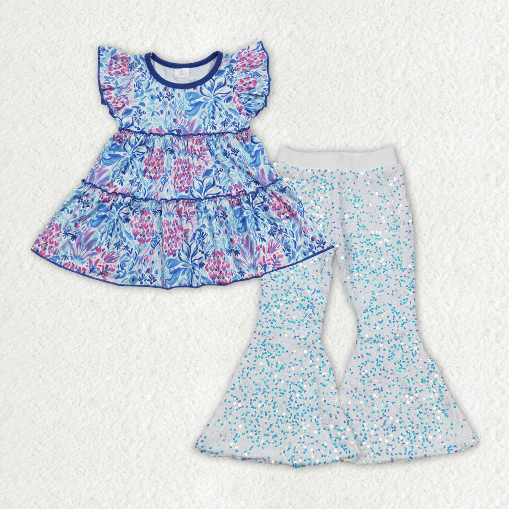 Sibling Baby Girls Kids Short Sleeves Flower Tops Sequins Bell Pants Sets Clothes RTS