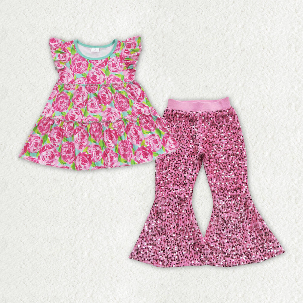 Sibling Baby Girls Kids Short Sleeves Flower Tops Sequins Bell Pants Sets Clothes RTS