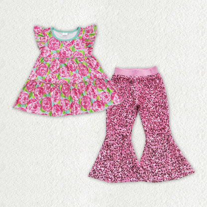 Sibling Baby Girls Kids Short Sleeves Flower Tops Sequins Bell Pants Sets Clothes RTS