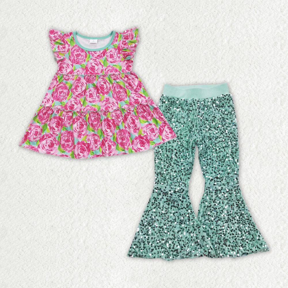 Sibling Baby Girls Kids Short Sleeves Flower Tops Sequins Bell Pants Sets Clothes RTS