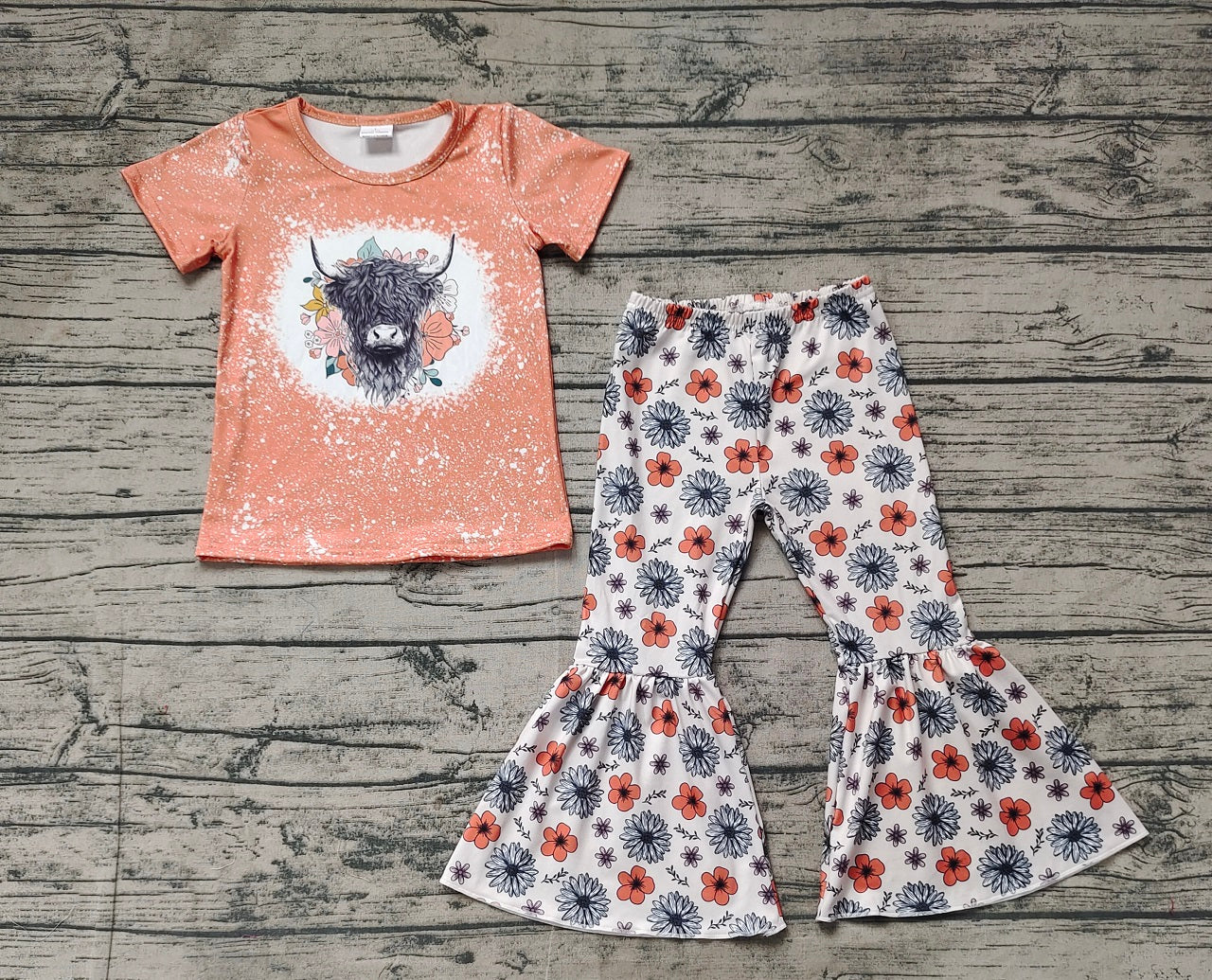 Baby Girl Short Sleeves Cow Shirt Flower Bell Pants Western Set