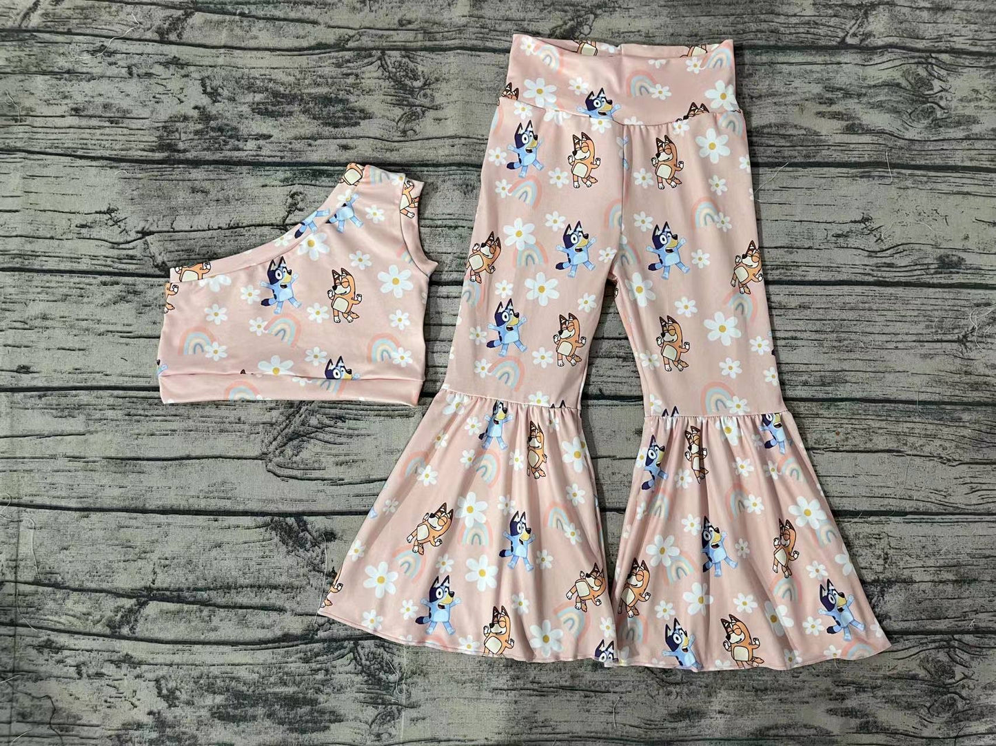 Baby Girl One Shoulder Tops Dogs Flower Rainbow Bell Pants Set