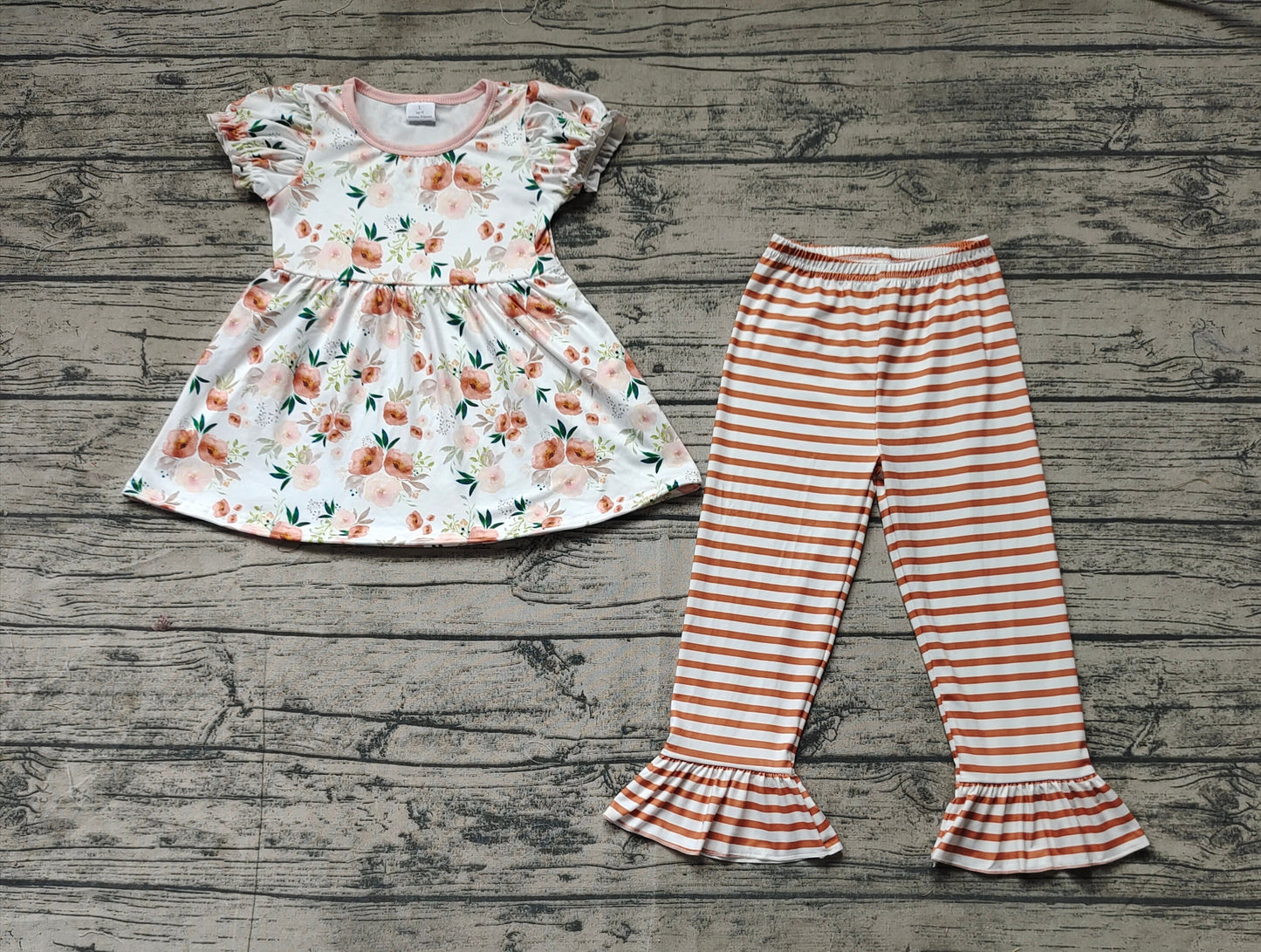 Baby Girl Short Sleeves Flower Tunic Stripes Pants Set