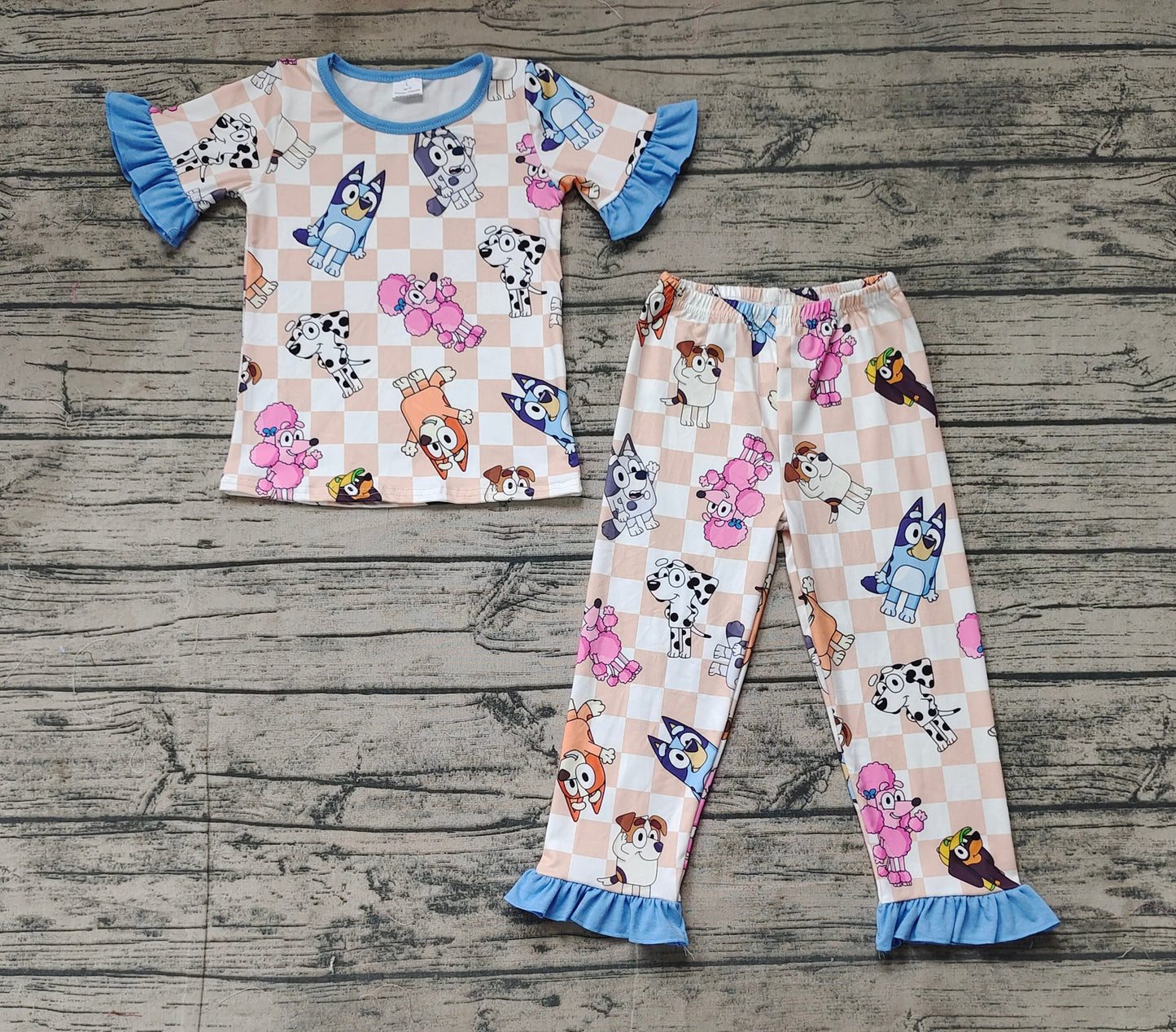 Baby Girl Short Sleeves Dogs Checkered Shirt Pants Pajamas Set