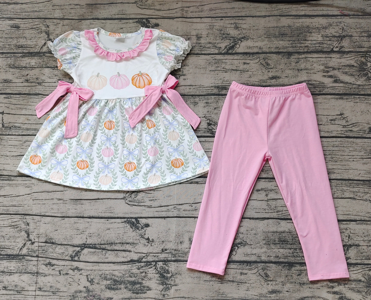 Baby Girl Pumpkin Bows Leaves Tunic Pink Pants Set