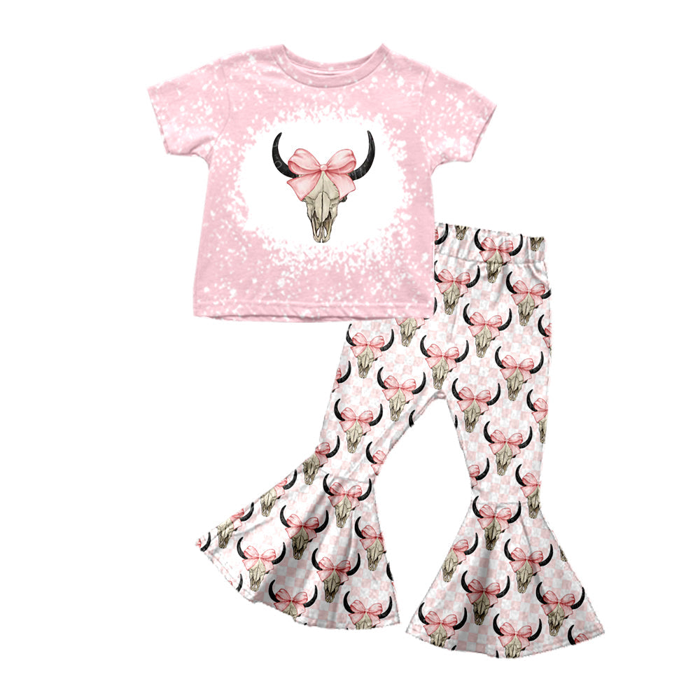 Pre-order Baby Girls Western Cow Skull Bow Shirt Bell Pants Clothes Set