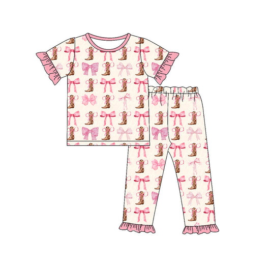 Pre-order Baby Girls Western Pink Bows Boots Tee Pants Pajamas Clothes Sets