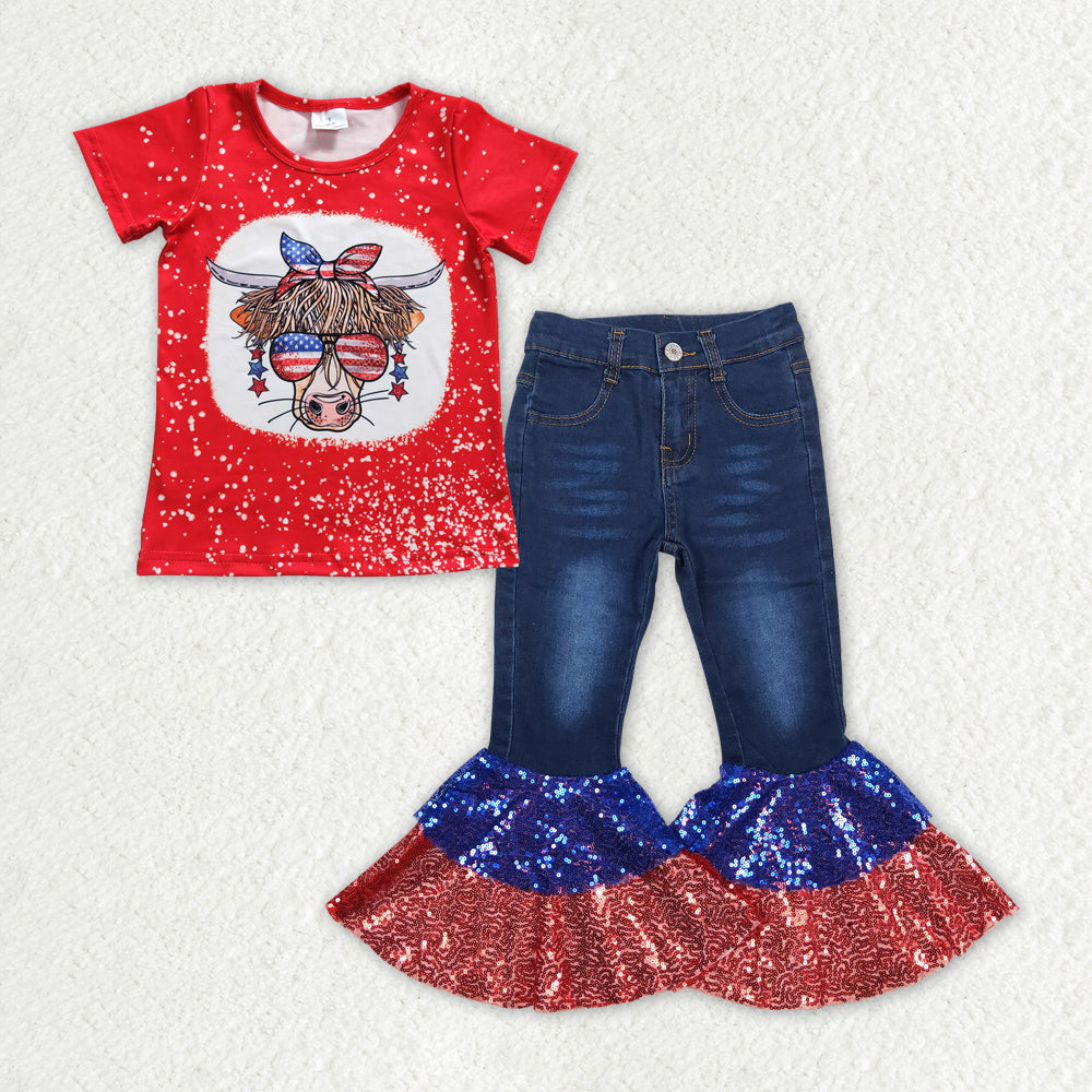 baby girl July 4th short sleeves cow red shirt sequin denim pants jeans set