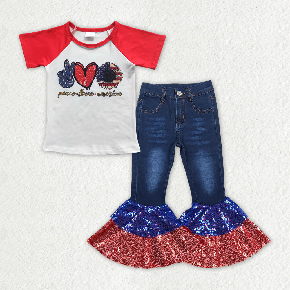 baby girl short sleeves sunflower shirt sequin denim pants jeans July 4th set