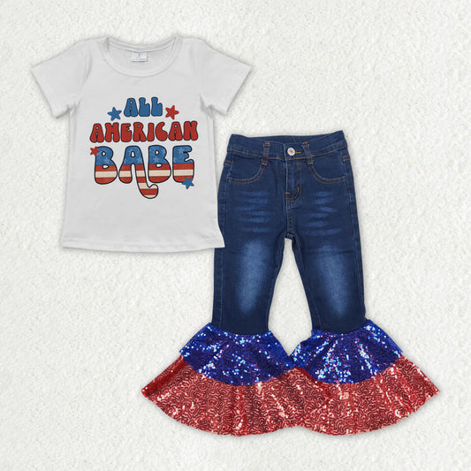 baby girl July 4th short sleeves America babe shirt sequin denim pants jeans set